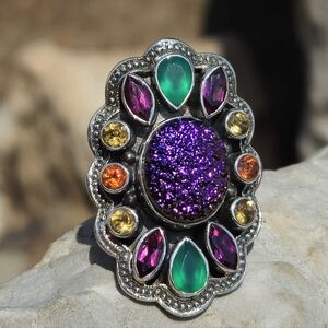 NICKY BUTLER 925 Sterling Silver Druzy Designer Ring Rhodolite Citrine Topaz NWT